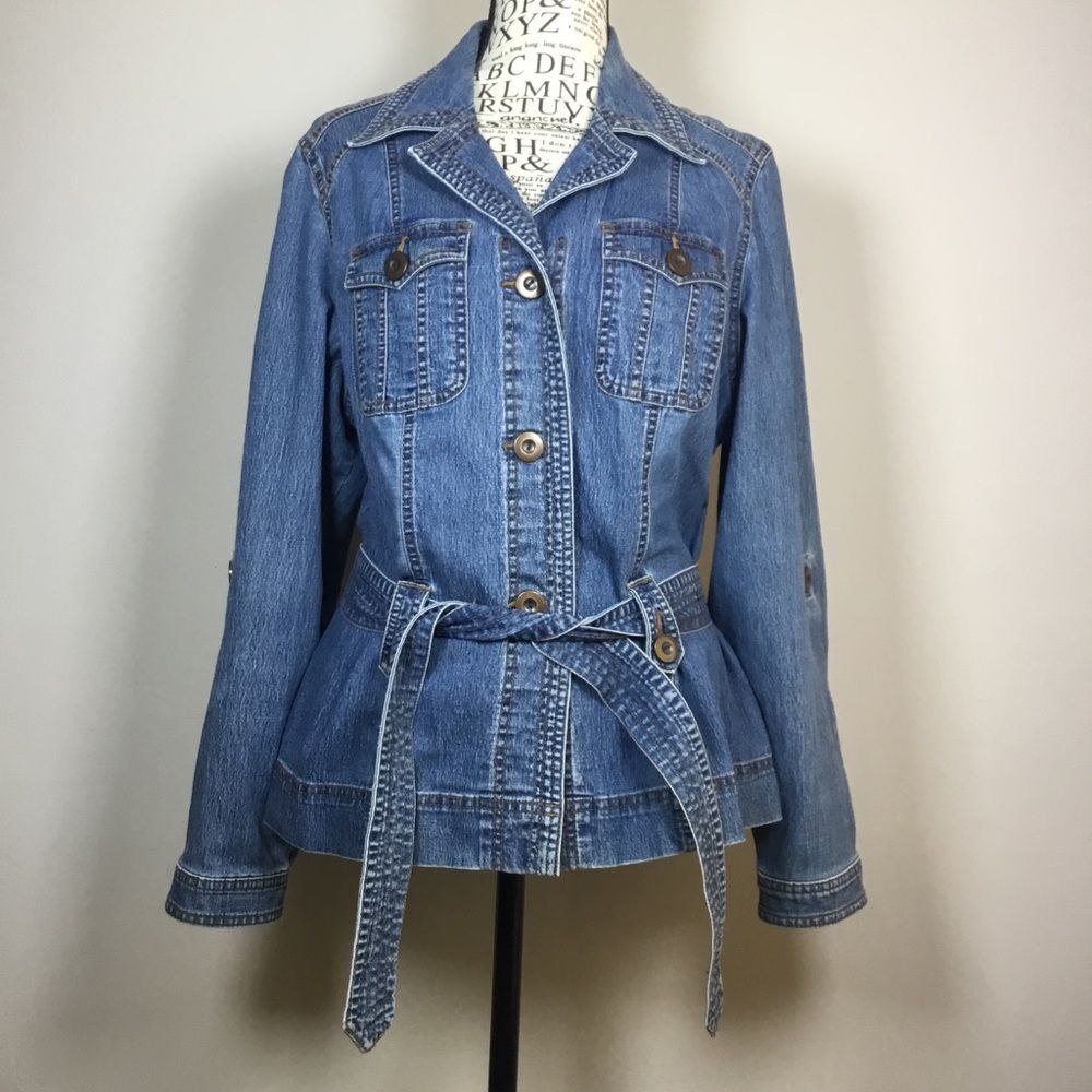 Medium blue denim jacket with belt at the waist western hippie boho size M - Picture 2 of 8